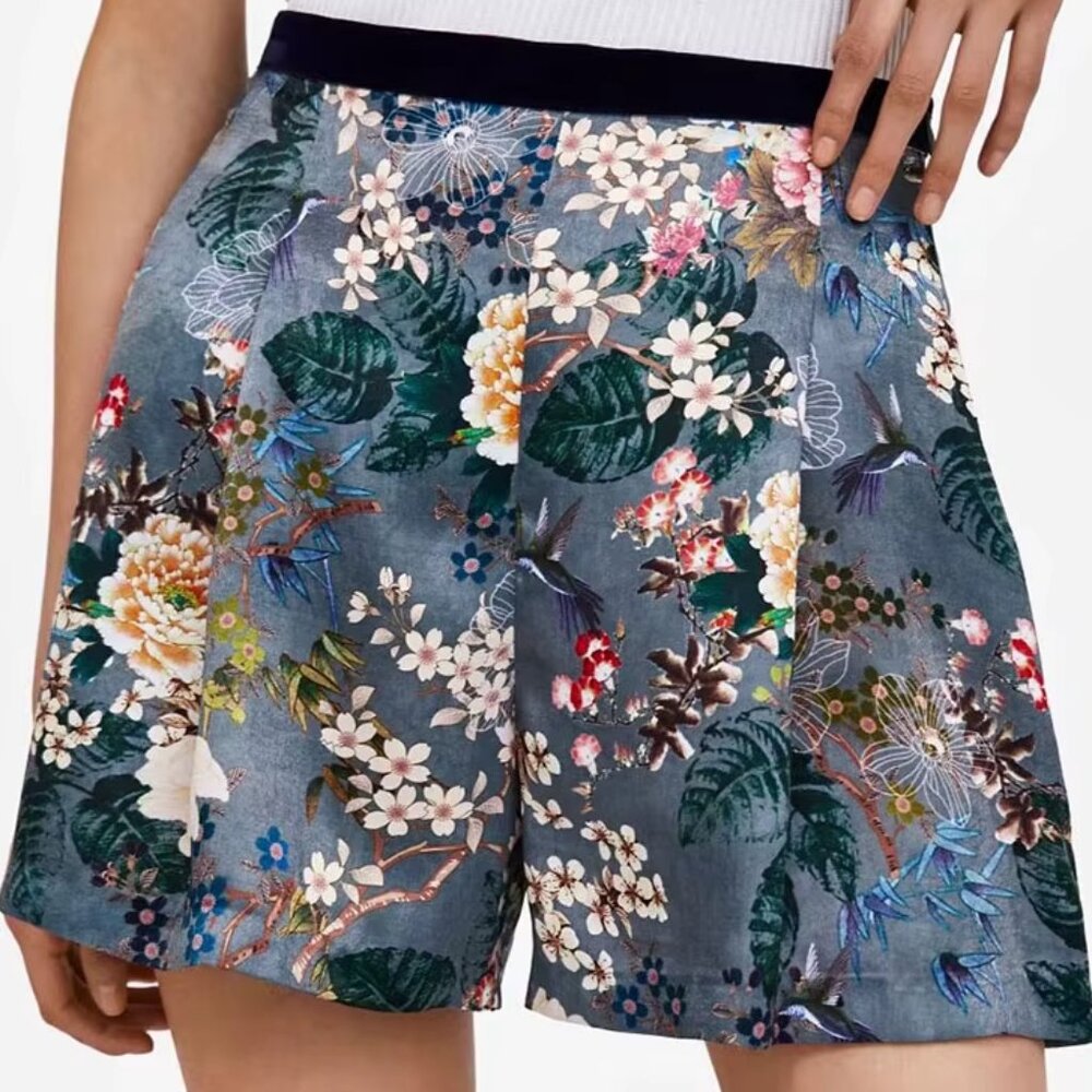Small Zara Basic Multi Color Bermuda Silky Floral Dress Shorts Velvet Waistband